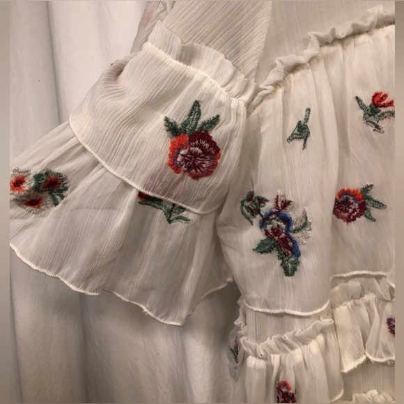 Zara White Ruffle Tiered Floral Embroidered Aztec Bloom Babydoll Dress Large - Picture 6 of 16